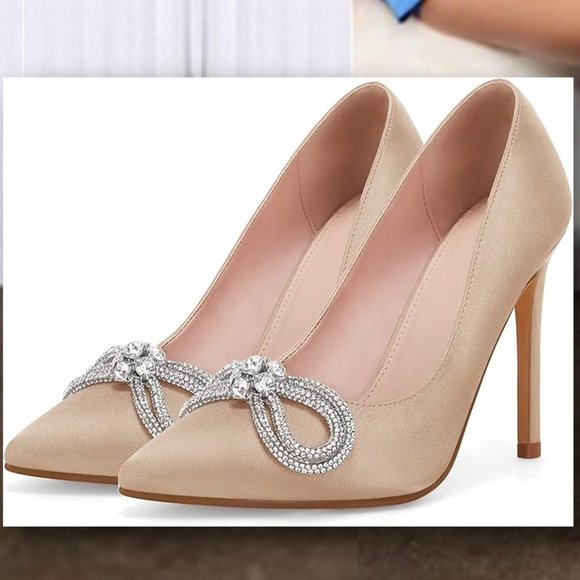 COUTGO Rhinestone Bow Champagne Satin Dress Shoes  🥂 NEW IN BOX!  🥂  Size 7.5 - Picture 2 of 12